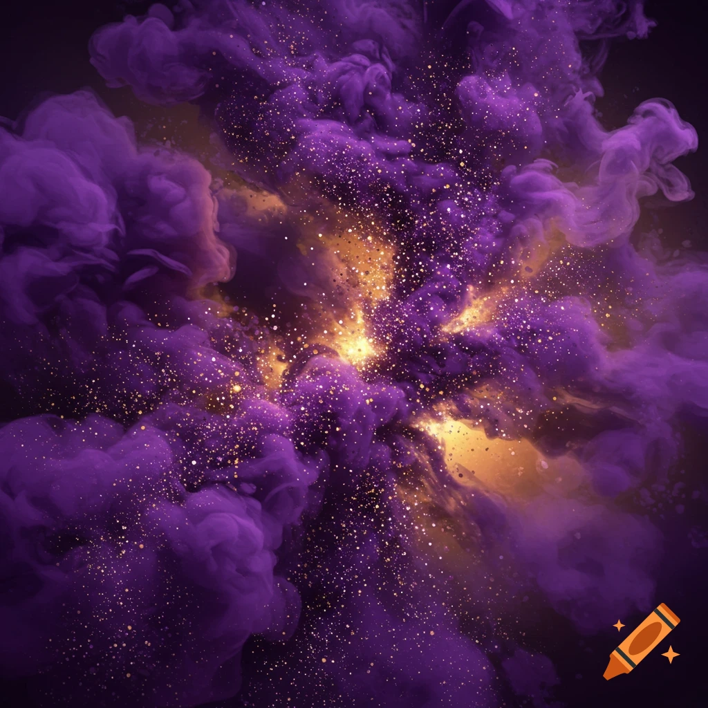 An explosion of purple smoke and gold glittery particles with hints of light.