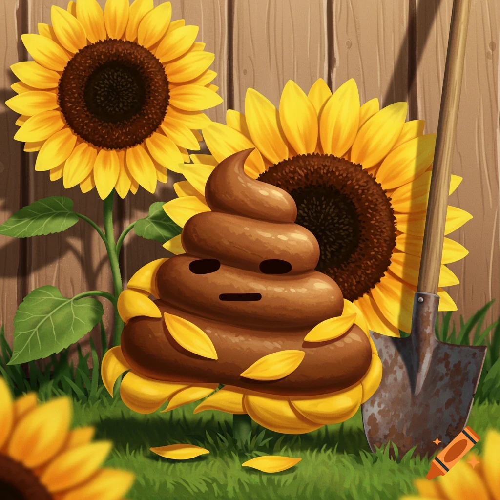 A cartoon poop emoji character sitting amongst sunflowers in a garden with a shovel nearby.