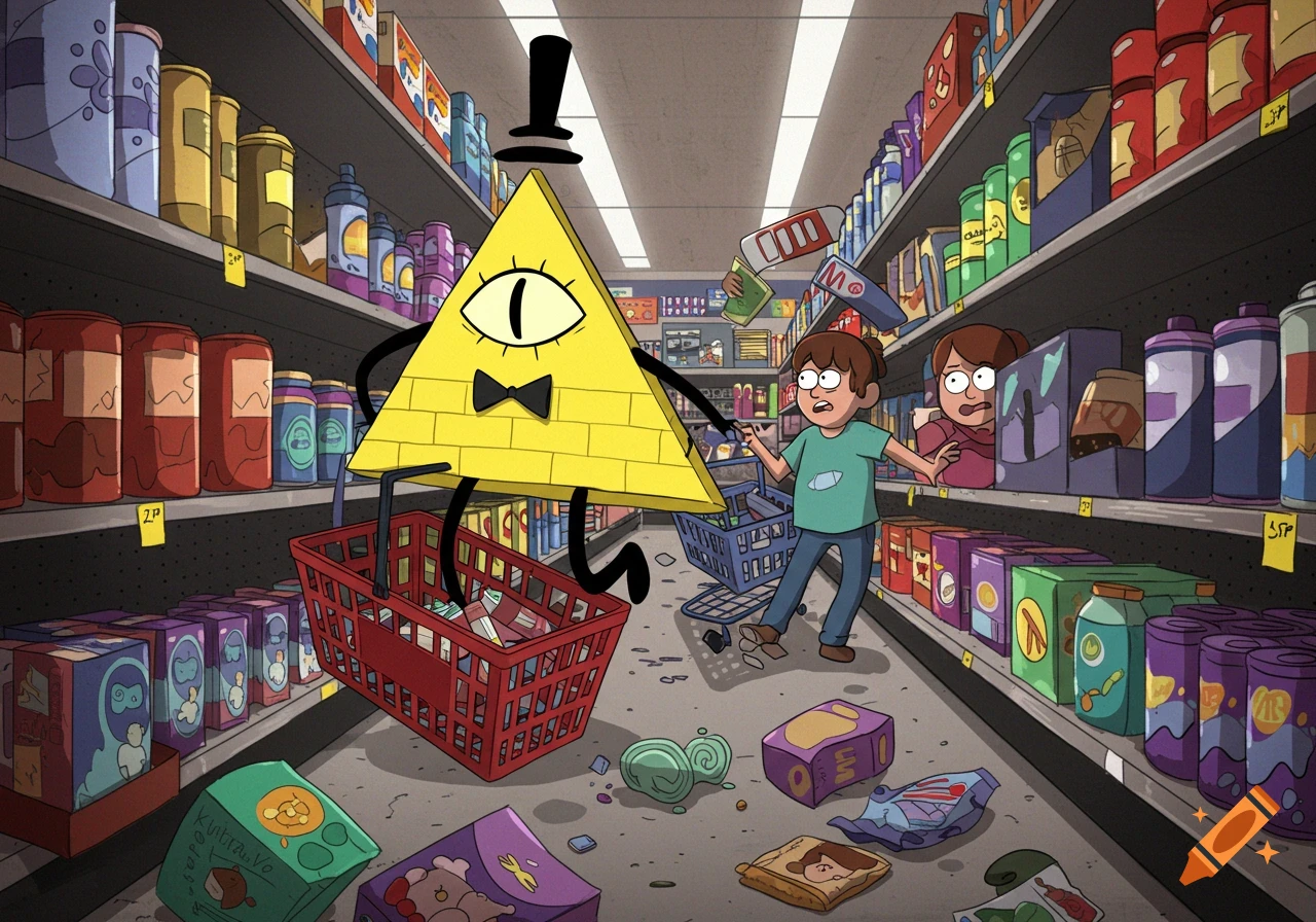 Bill Cipher causes chaos in a grocery store while shopping with two kids, cartoon style.