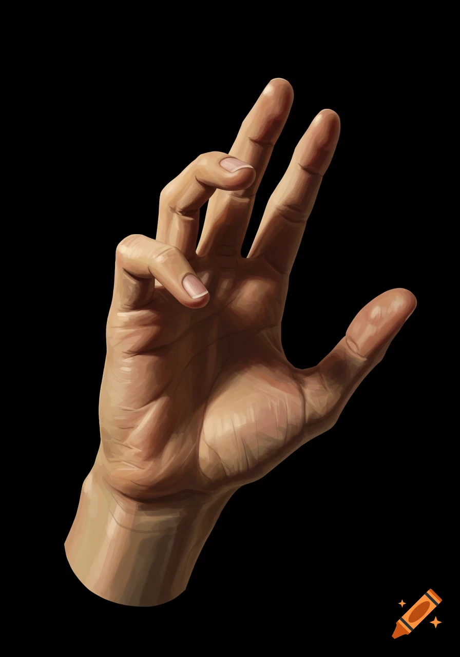A realistic painted hand holds up three fingers against a black background.
