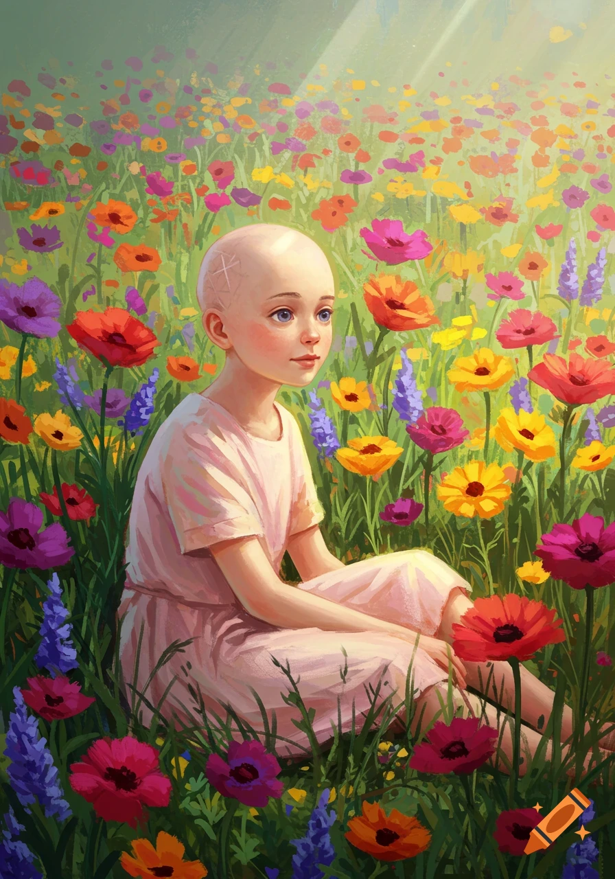 A bald young girl sits in a field of colorful flowers, depicted in a digital painting style.