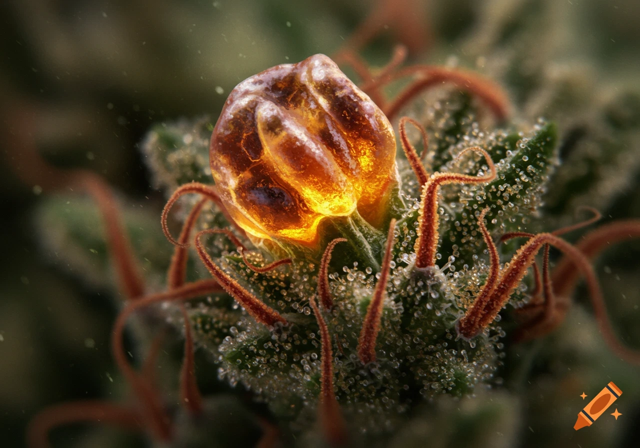 Macro close-up of a cannabis trichome with crystalline structures
