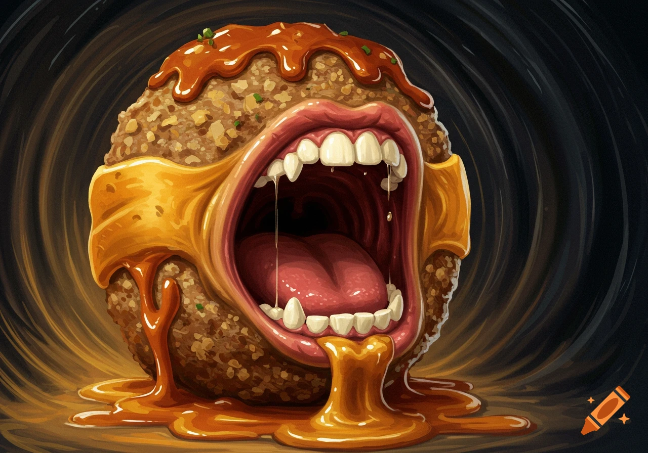 Grotesque giant meatball with a wide-open screaming mouth, dripping with sauce and cheese.