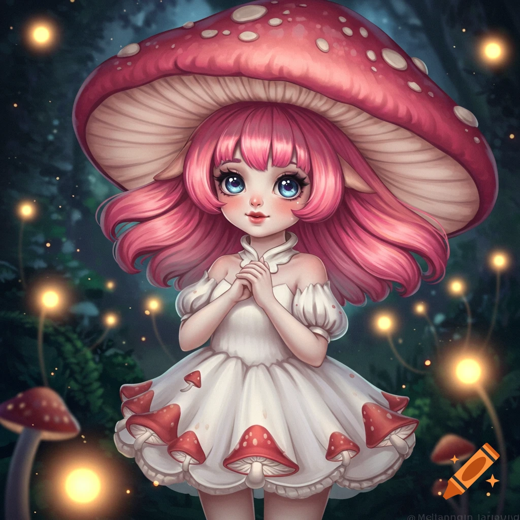 A cute anime mushroom girl in a fantasy forest with glowing lights.