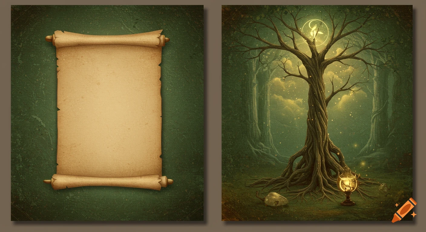 Two-page mythical artwork. Left: Blank vintage scroll on a textured green background. Right: Ancient tree with glowing light in a mystical forest.