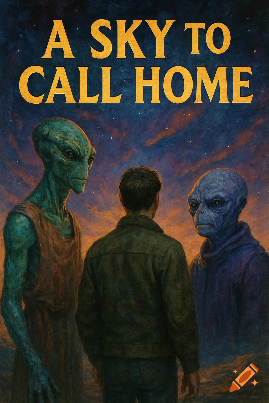 A book cover titled A SKY TO CALL HOME showing a human looking at two aliens under a starry sky.