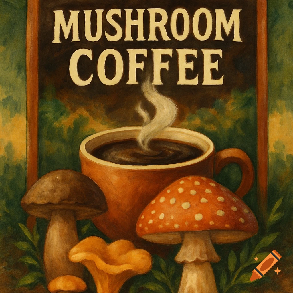 Illustration of mushroom coffee with mushrooms in the foreground and text on a dark background.