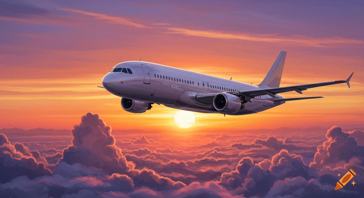 An airplane flies high above clouds during a vibrant sunset.