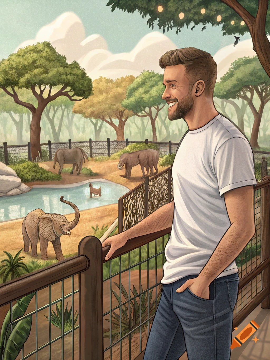 Illustration of a smiling man watching elephants and another animal at the zoo