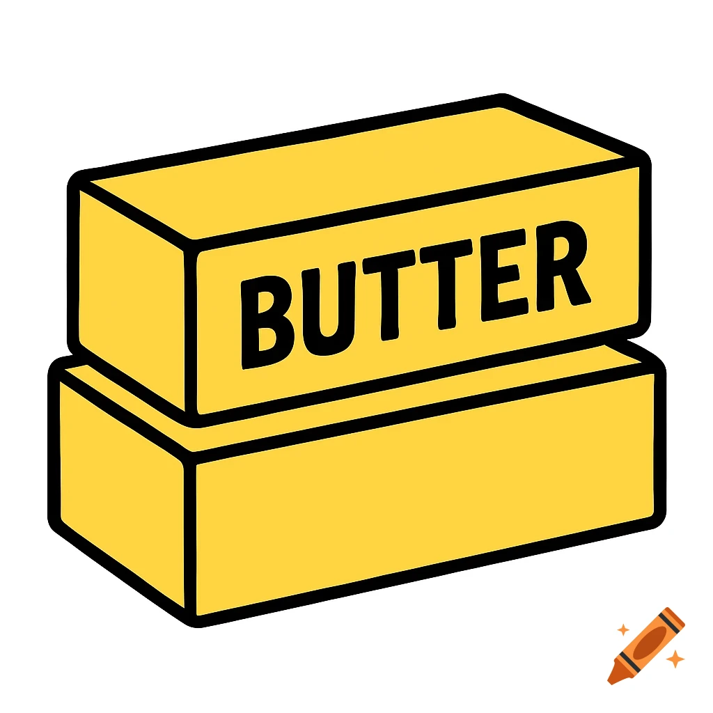 Clip art illustration of two stacked sticks of butter, with 'BUTTER' on the top stick.