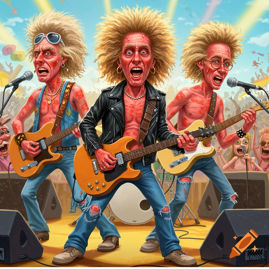Caricature illustration of a rock band with bright red sunburns playing guitars on stage