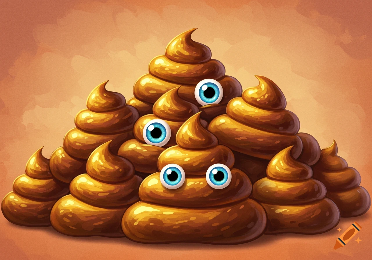 A large cartoon pile of brown poop figures, each with big blue eyes.