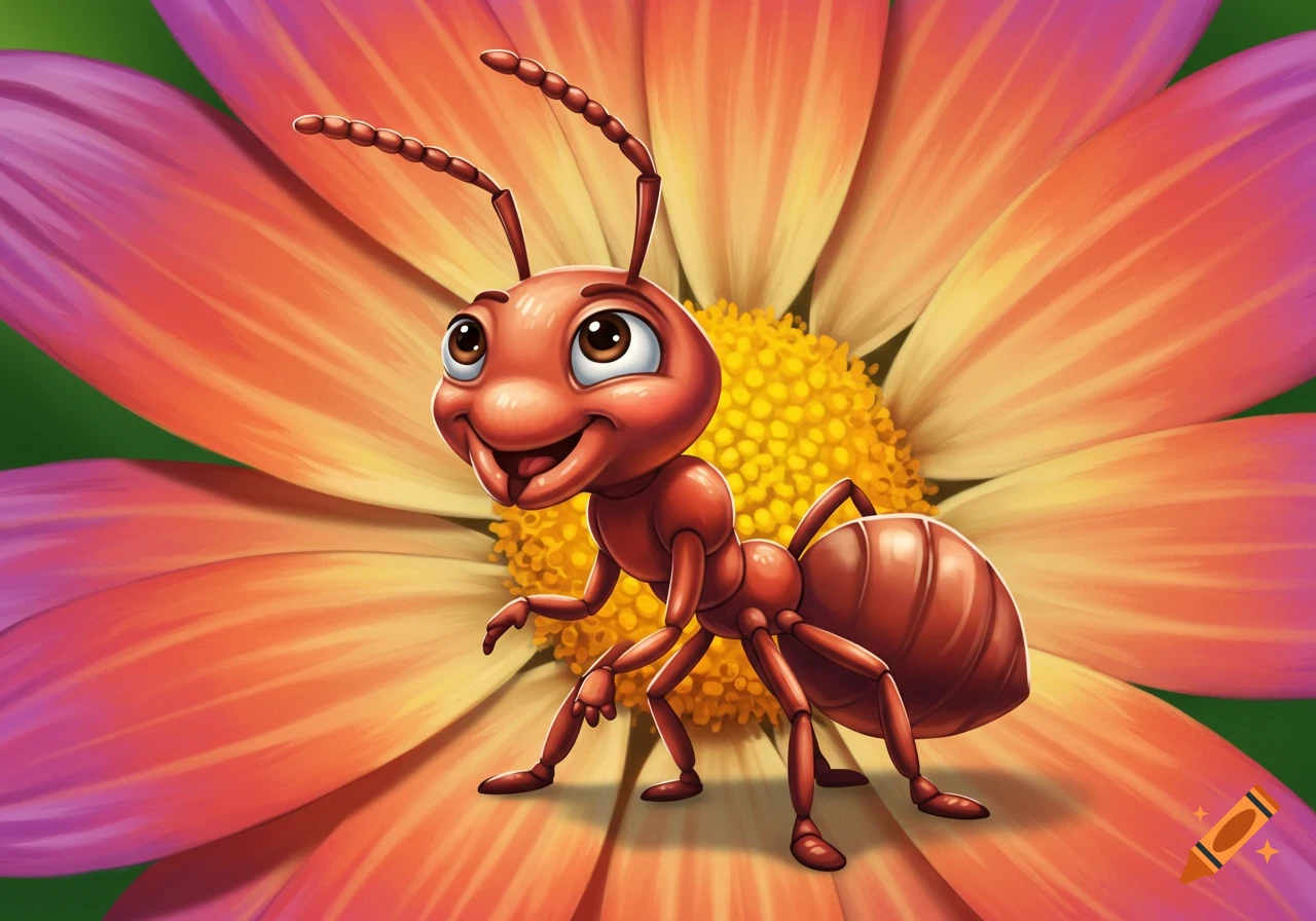 A cartoon ant stands on a large flower.