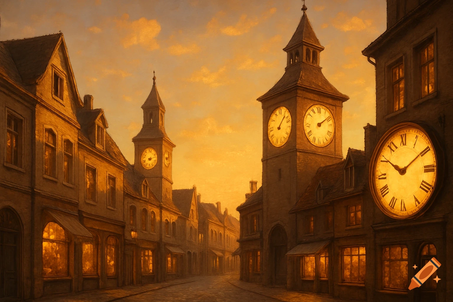 A quiet European town street at golden hour with clock towers and glowing shop windows.