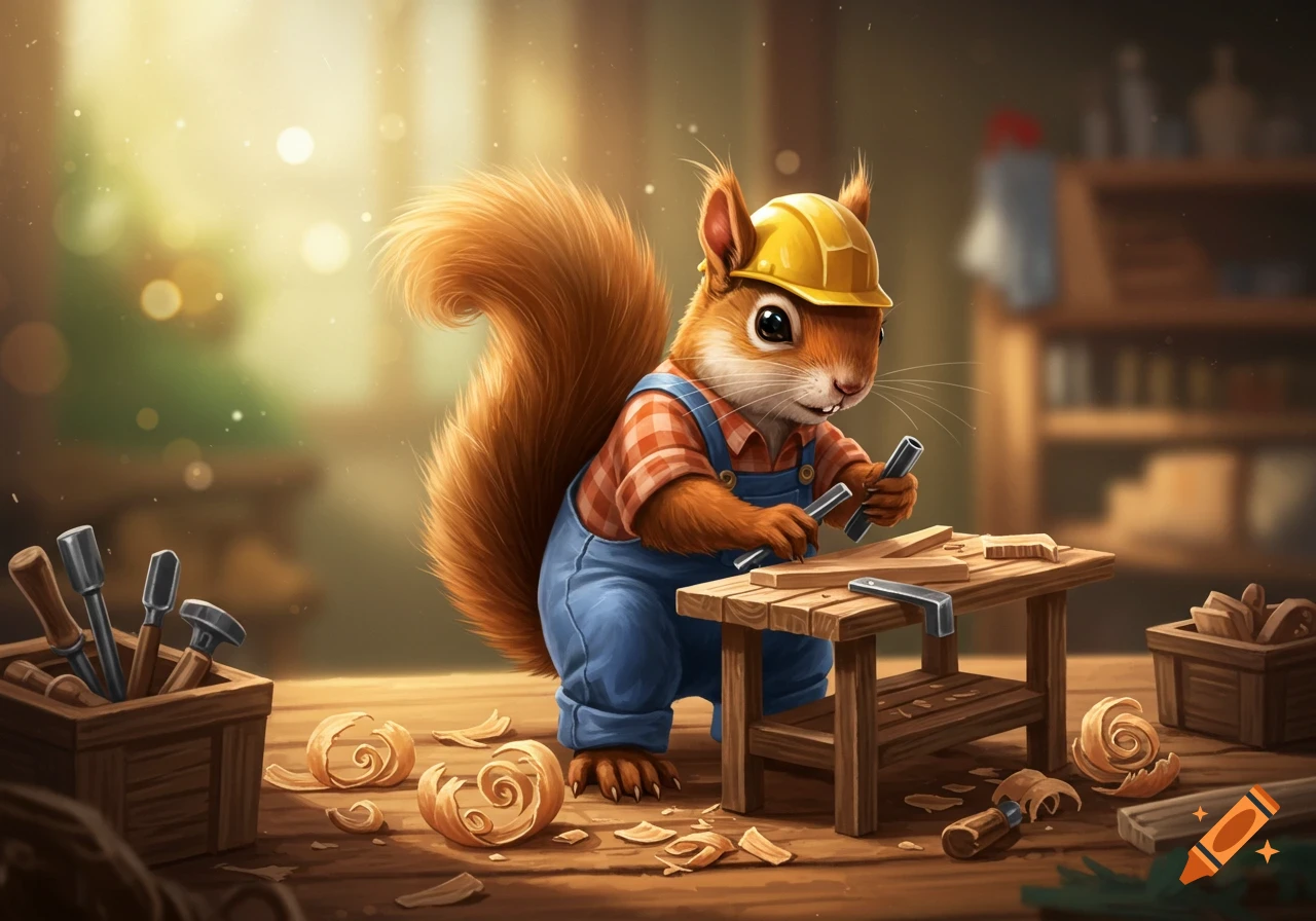 A cartoon squirrel wearing a hard hat and overalls works at a workbench, carving wood.