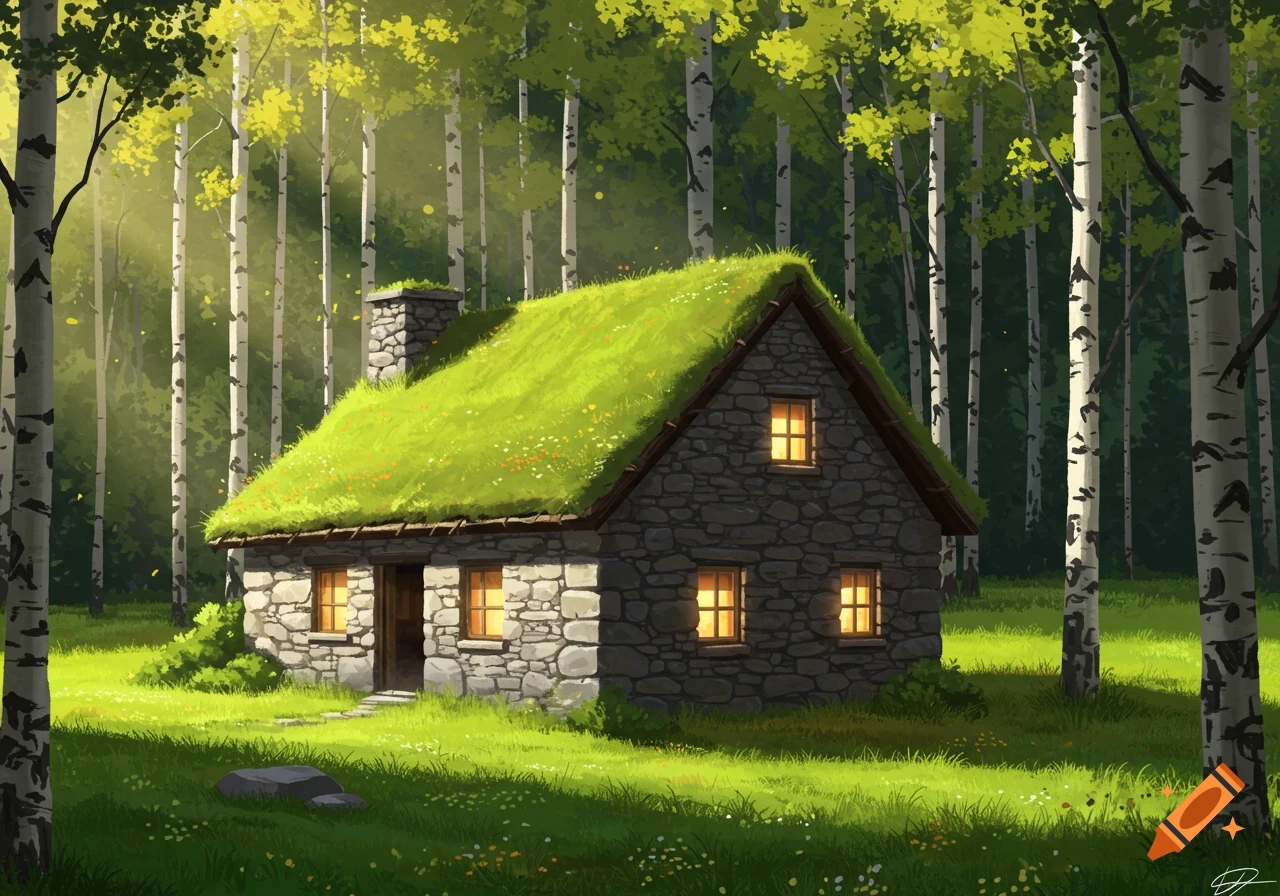 An illustration of a stone cottage with a grass roof in a sunny forest.