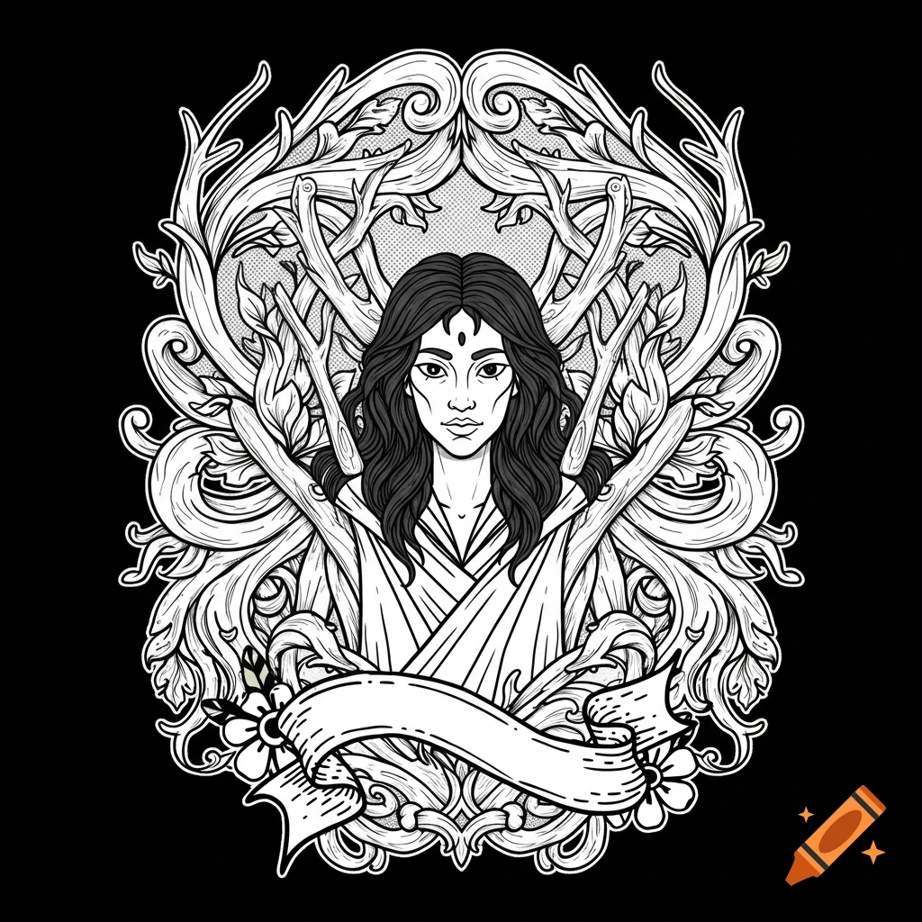 Black and white illustration of a woman with flowing hair and a banner surrounded by scrolling foliage and branches.