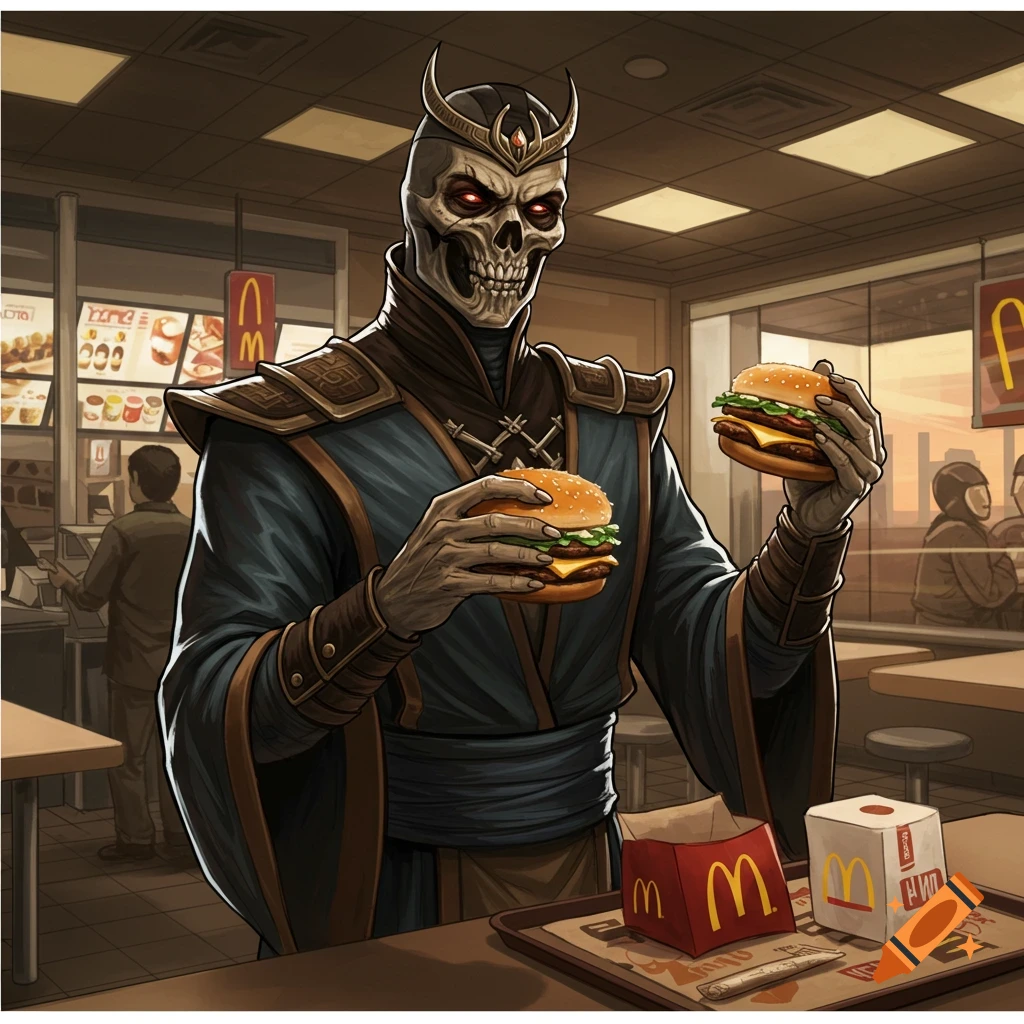 A skeleton character resembling Quan Chi from Mortal Kombat holds two burgers in a McDonald's restaurant.