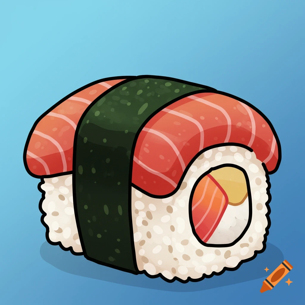 Cartoon illustration of a salmon nigiri and a sushi roll on a blue background.