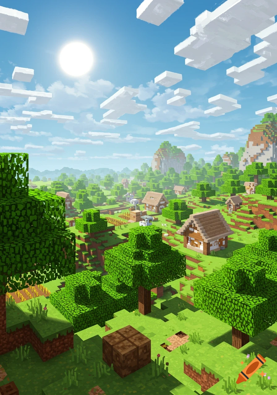 A sunny landscape in the style of Minecraft with blocky trees, mountains, clouds, and houses in a village.