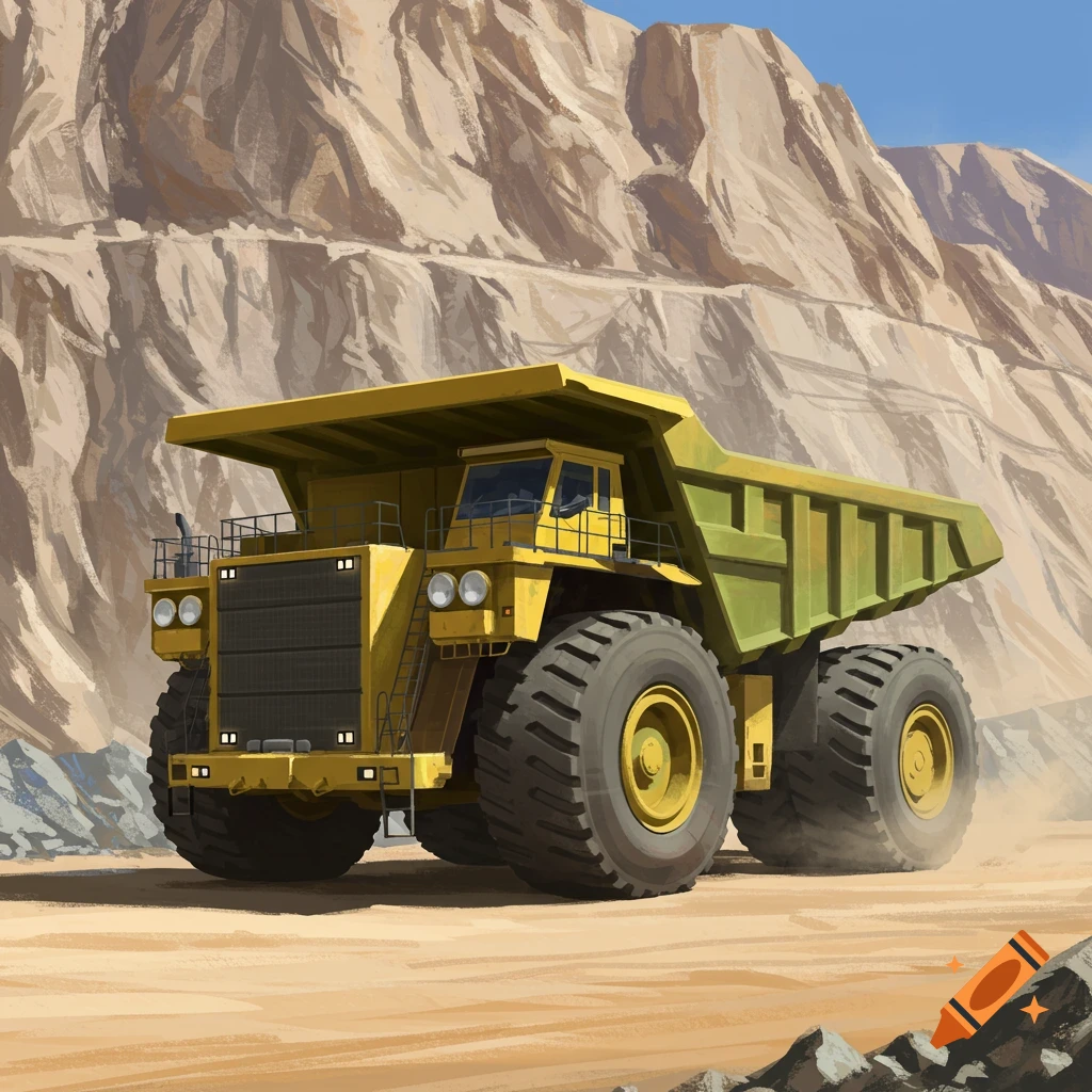 Digital painting of a huge yellow dump truck in a mine.