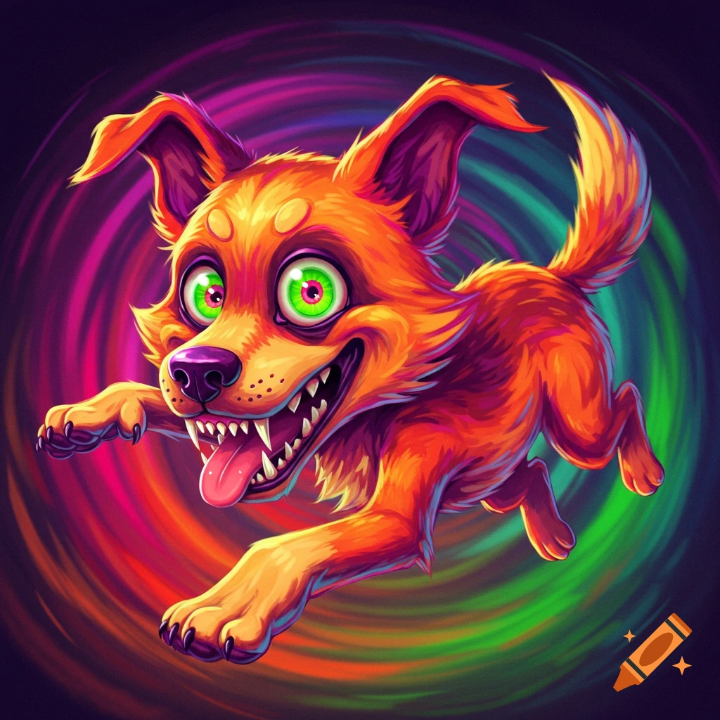 A vibrant cartoon illustration of an orange dog with bright green eyes leaping through a swirling, colorful vortex.