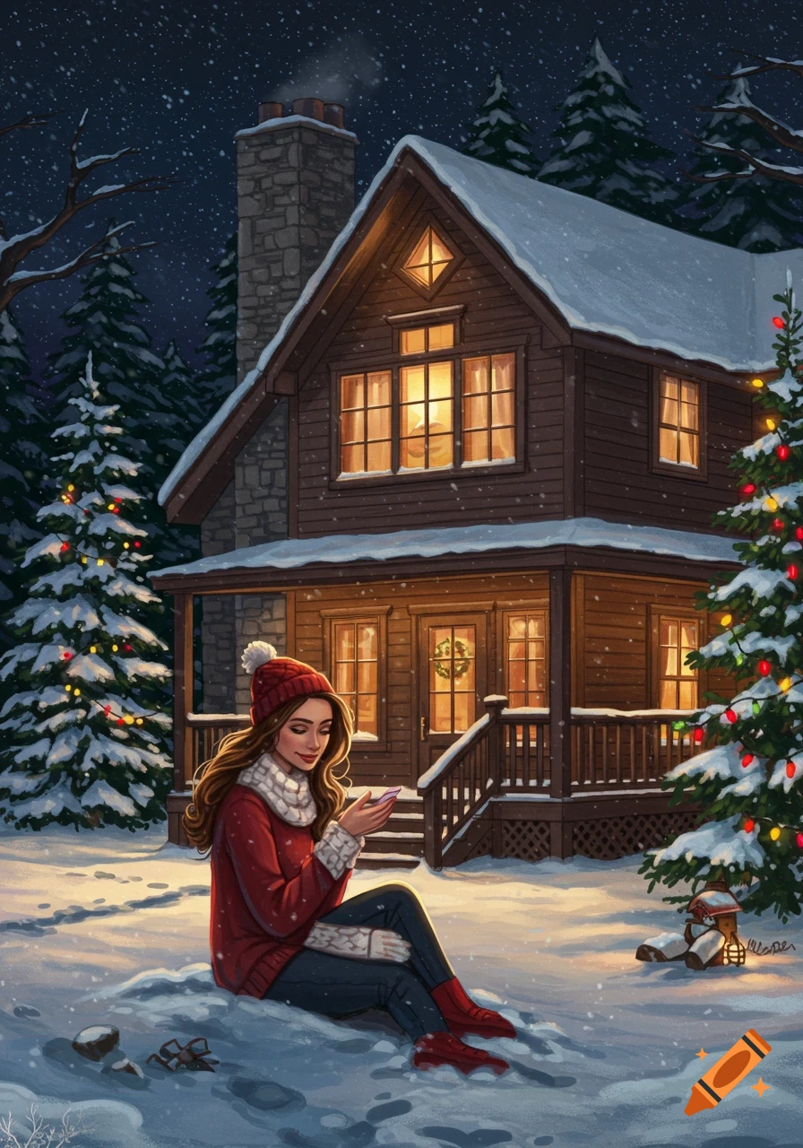 Digital illustration of a woman sitting in the snow outside a cozy log cabin at night with a decorated Christmas tree.