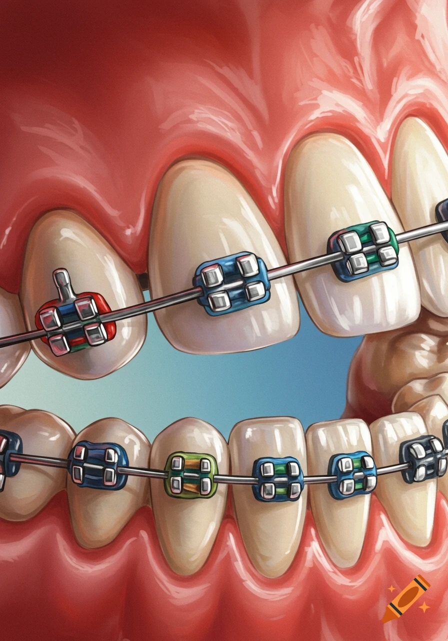 Close-up illustration of teeth with colorful braces