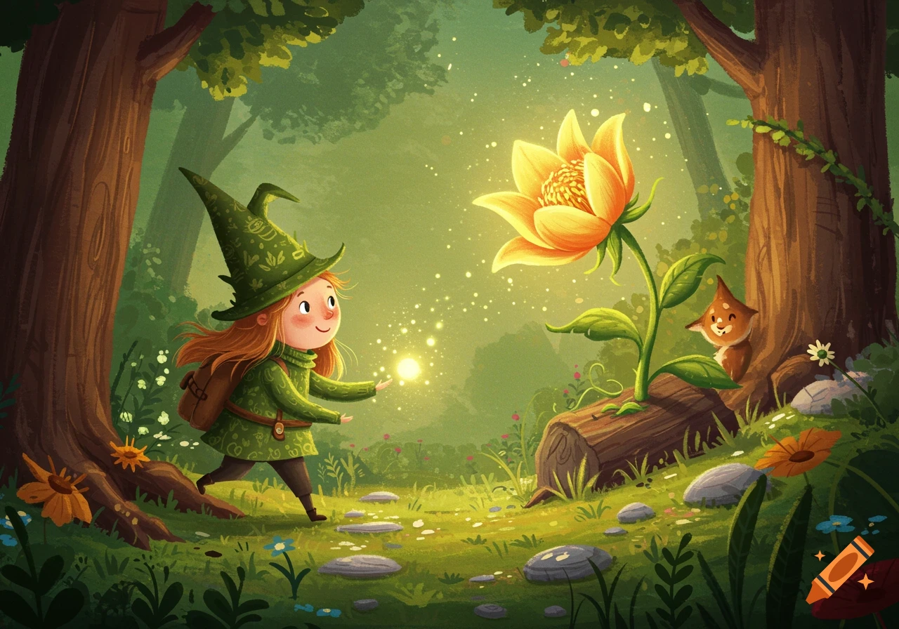 A little witch girl reaches for a glowing flower in a sunny forest. A small creature peeks from behind a log.