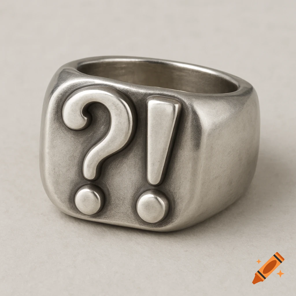A chunky silver ring with a question mark and exclamation point on the front.