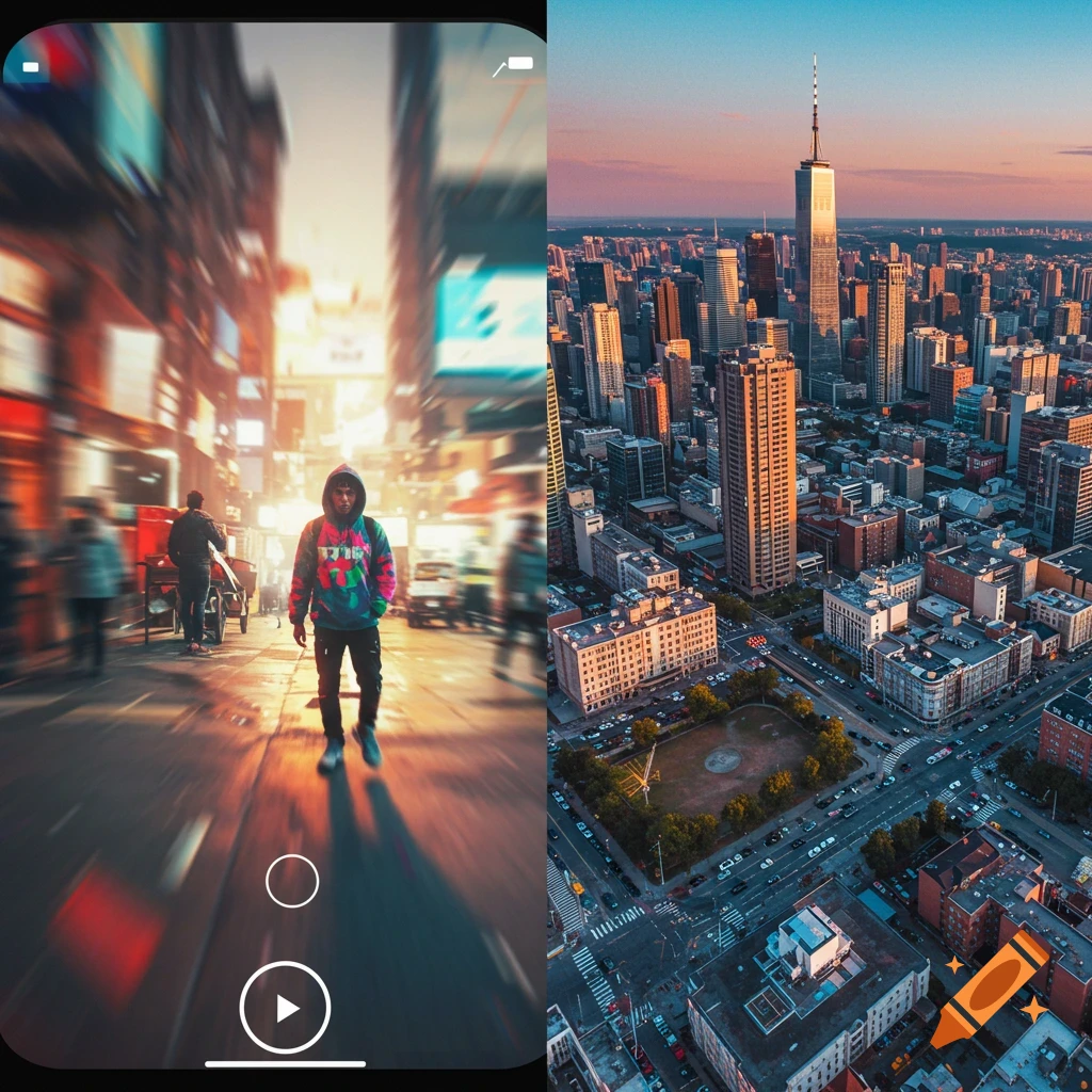Split image showing a blurry person on a city street next to a crisp aerial view of a city skyline at sunset.