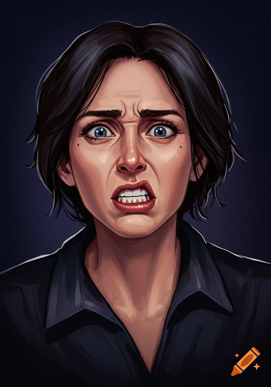 Close-up digital painting of a woman with a frustrated expression, wide eyes and furrowed brow.