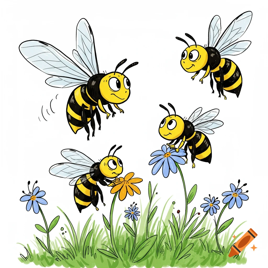 Cartoon bees flying among flowers
