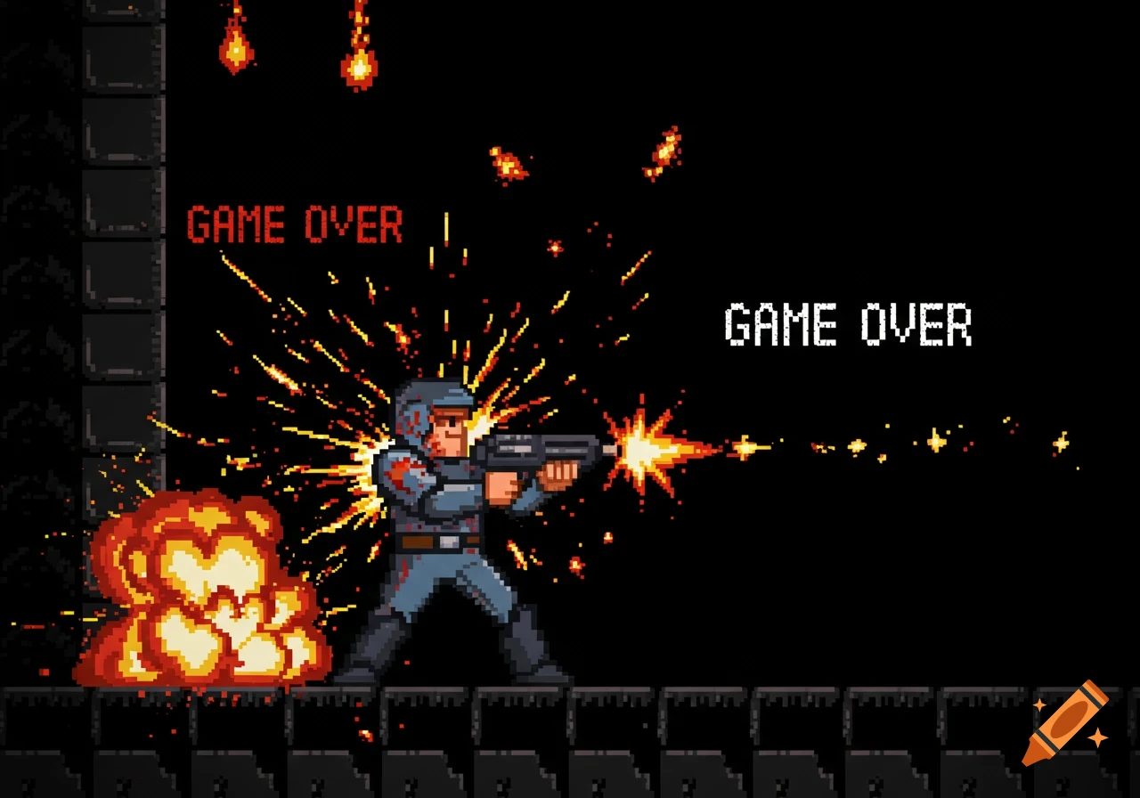 8-bit pixel art of a character shooting next to an explosion with GAME OVER text.