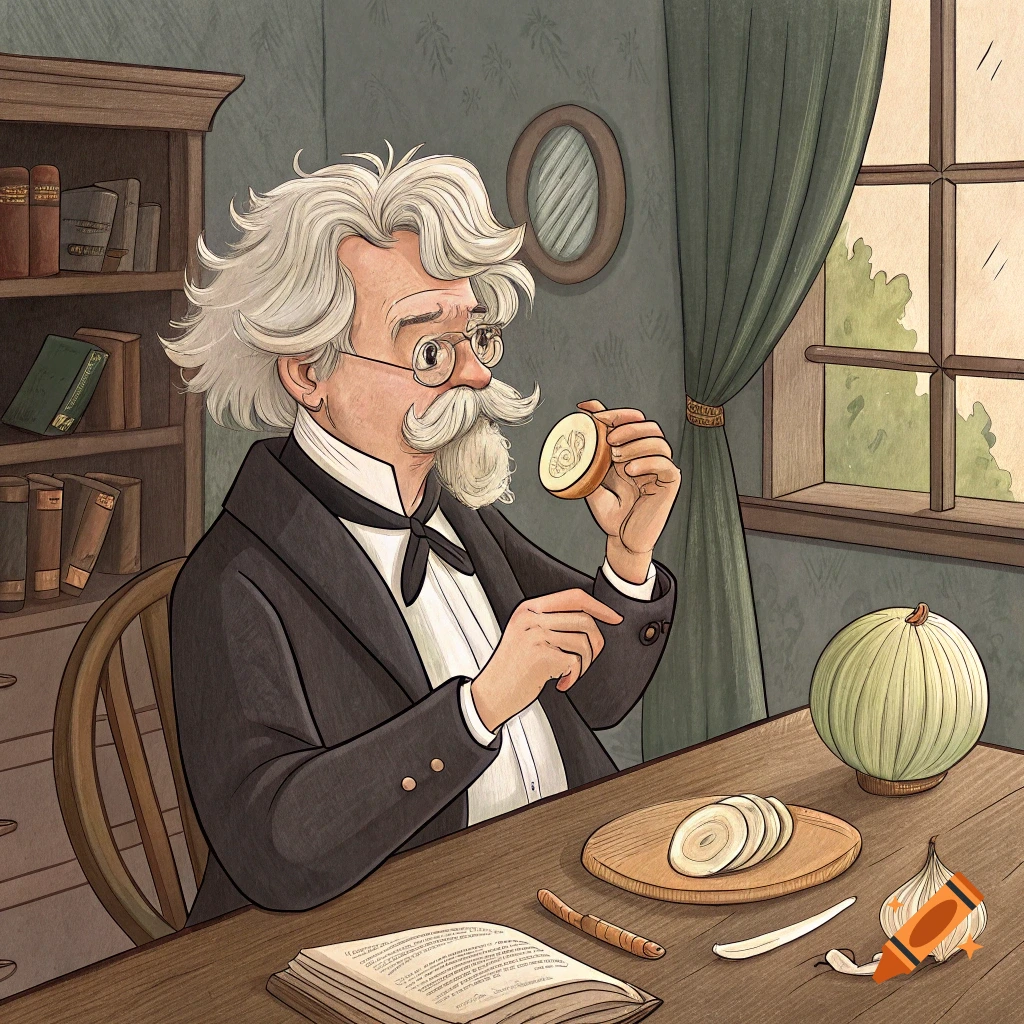 Illustration of a man resembling Mark Twain examining a slice of onion at a desk.