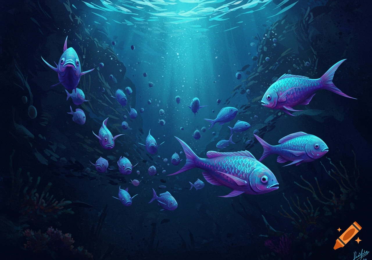 Stylized purple and blue fish swimming in a vibrant underwater scene with light rays.