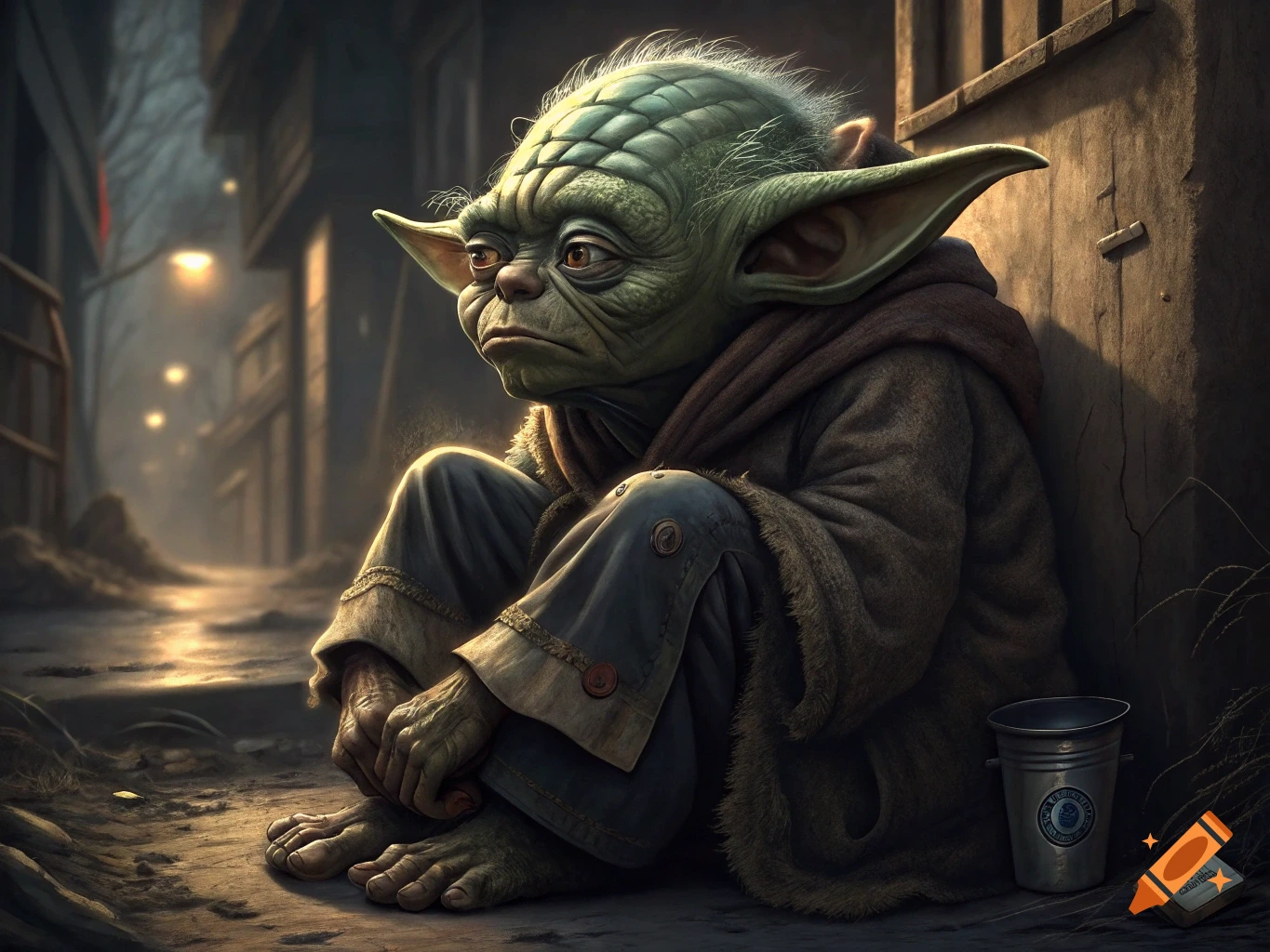 Creature resembling Yoda sits dejectedly in a dirty alleyway.