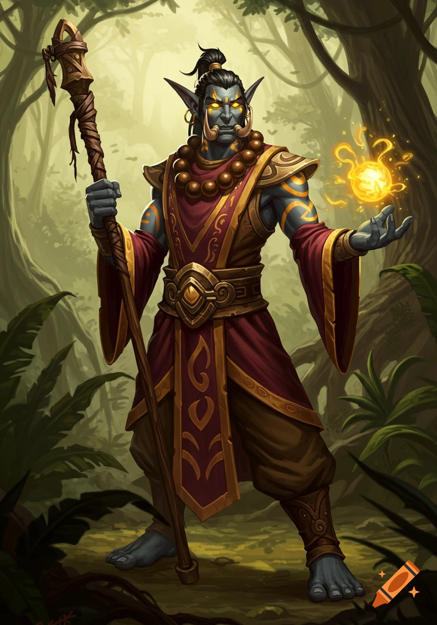 A World of Warcraft troll monk casts a spell in a forest.