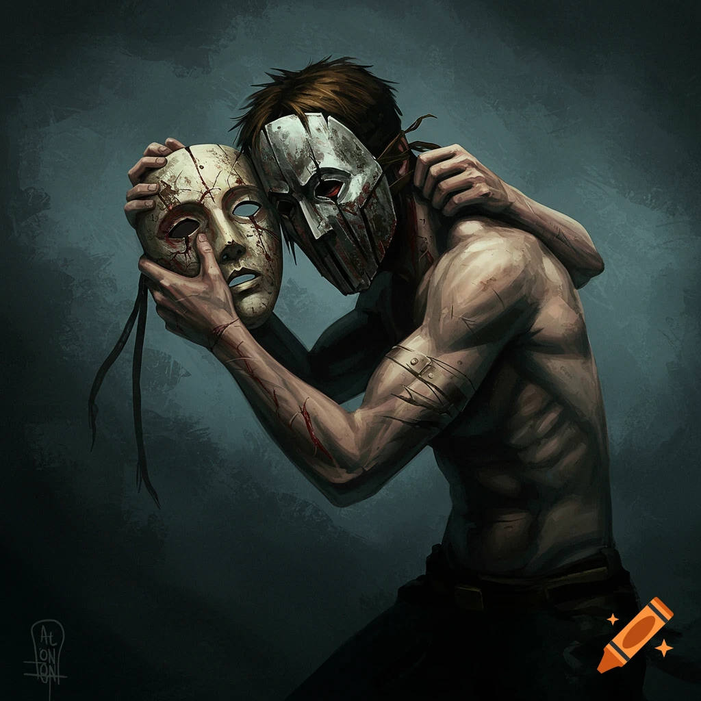 Figure holding a bloody mask in a dramatic digital painting style.