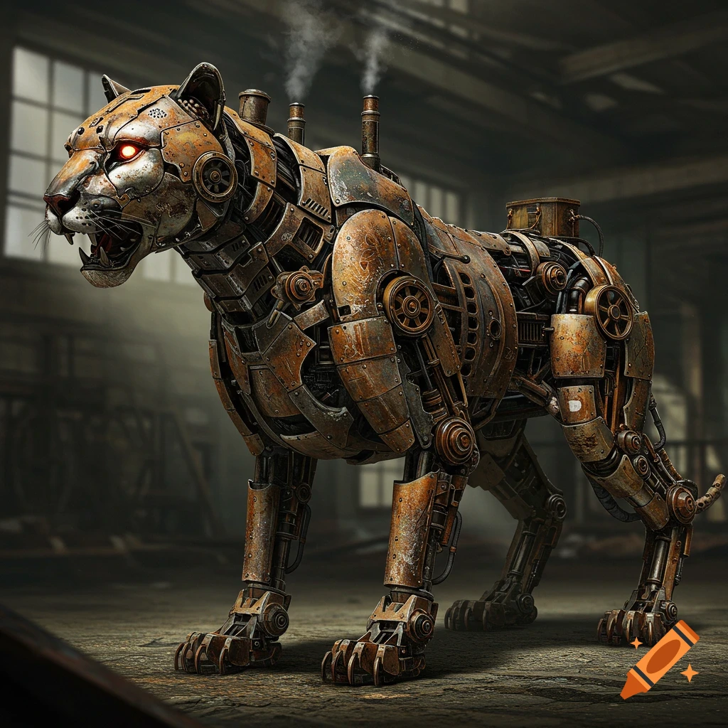 A rusty mechanical puma stands in a workshop.