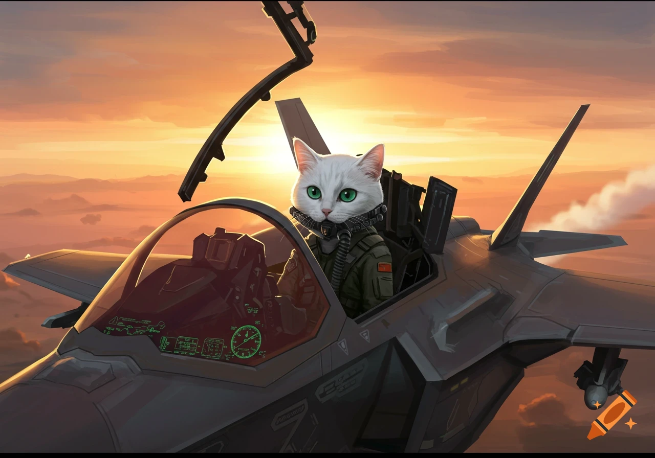 White cat in a fighter jet cockpit flying at sunset