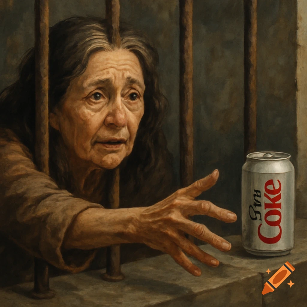 Painterly image of an older woman behind bars reaching for a soda can.