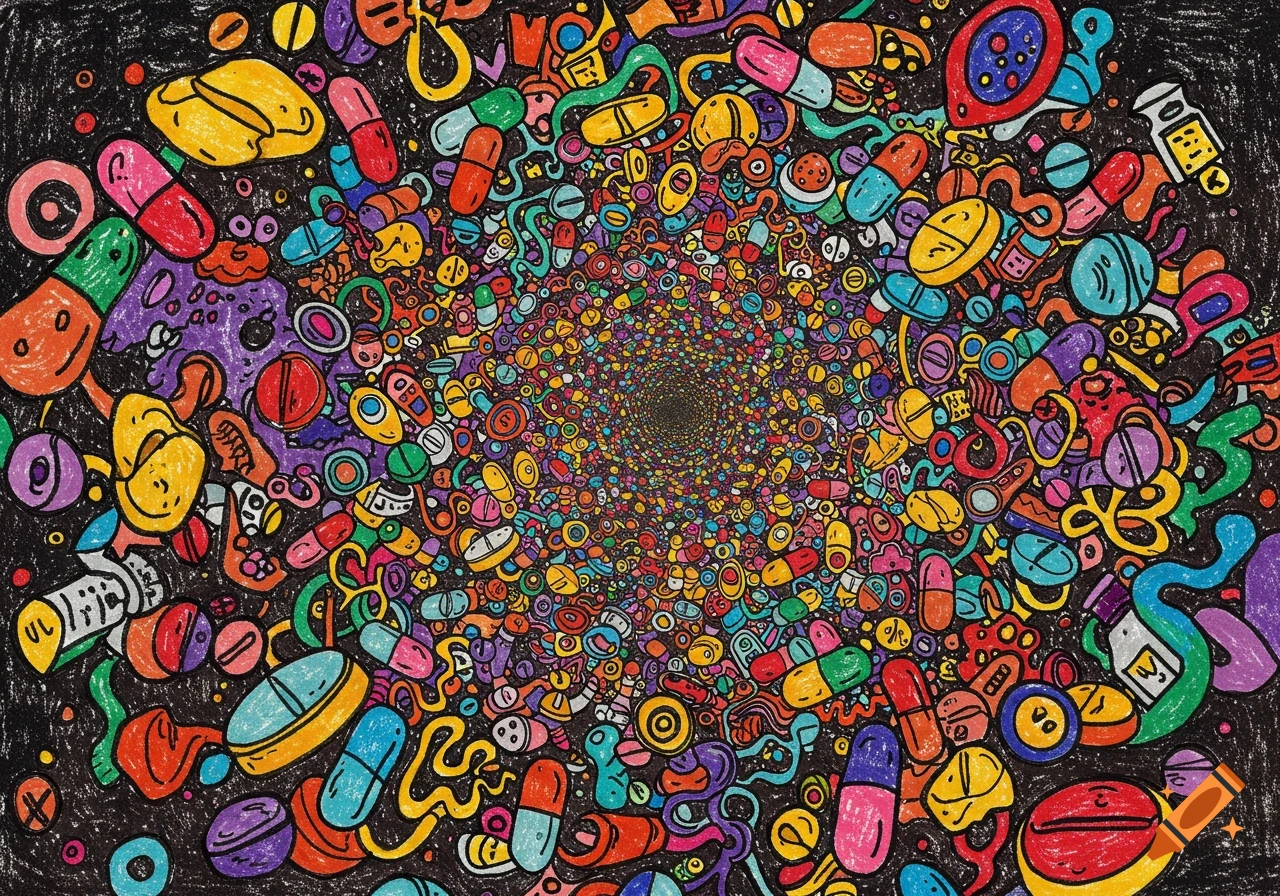 Colorful psychedelic doodle featuring various pills and capsules swirling towards the center.