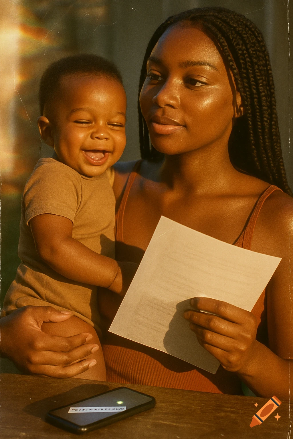 A Black woman holds a baby in warm light with a film filter applied.
