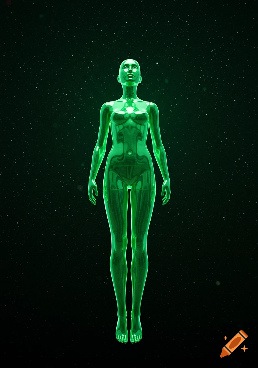Neon green metallic figure floats in space, looking up among stars.