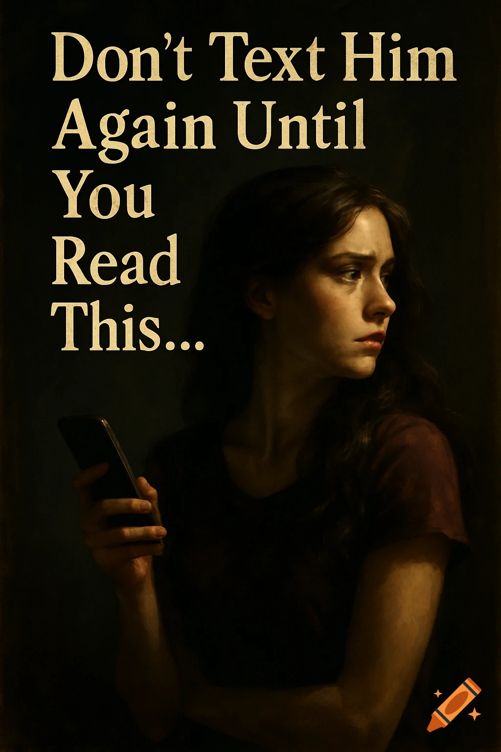 A woman looking distressed holds a phone, with the text 'Don’t Text Him ...