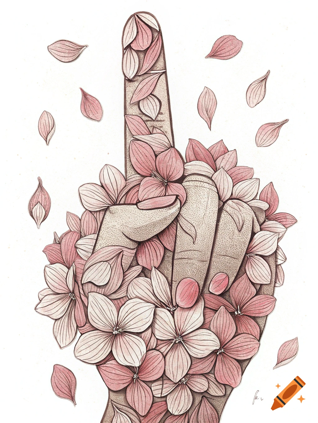 Illustration of a hand covered in pink flowers with petals falling around it.