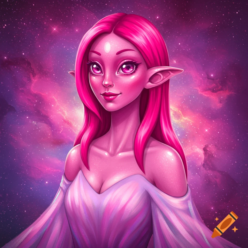 A pink-skinned female alien with long pink hair and pointed ears in a white dress stands against a backdrop of pink and purple space.