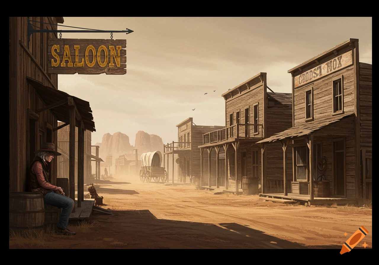 Realistic illustration of an old Western town street with a saloon and a person sitting on a barrel