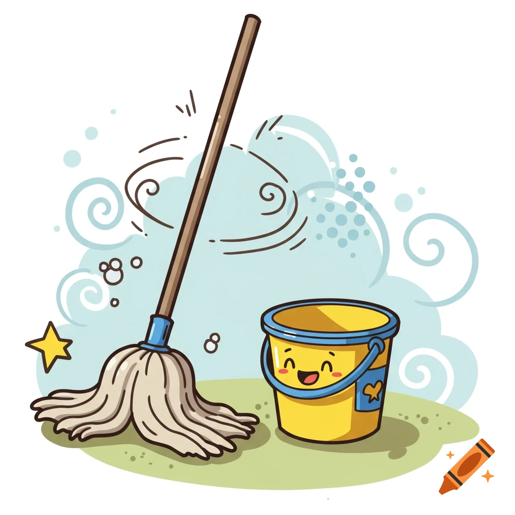 Cartoon illustration of a mop next to a yellow bucket with a happy face.